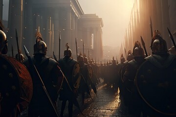 Julius Caesar and his Roman generals and warriors in battle