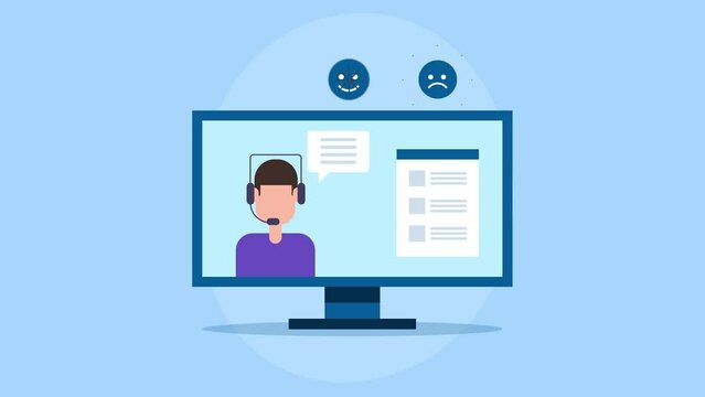 Customer support service, business helpdesk operator with headset, chat over call, communication, feedback experience emoticon concept. Video animation. 