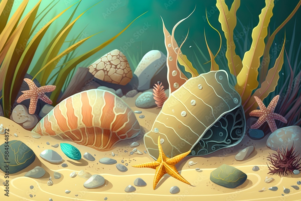 Poster sandy seafloor with scattered shells and pebbles generative ai