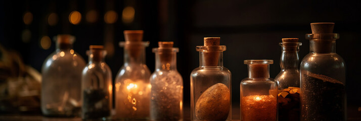 Fototapeta na wymiar Close-up of apothecary bottles or different herbs, minerals and substances, warm brownish abstract bokoh background