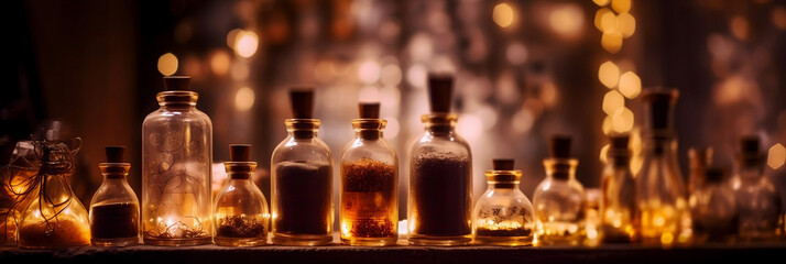 Obraz na płótnie Canvas Close-up of apothecary bottles or different herbs, minerals and substances, warm brownish abstract bokoh background