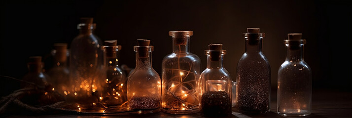 Close-up of apothecary bottles or different herbs, minerals and substances, warm dark room background