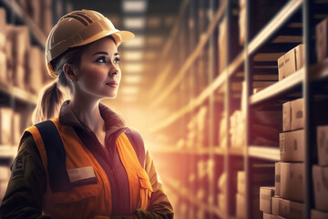 Fototapeta premium Professional Worker Woman Wearing Hard Hat Checking Stock and Inventory in Retail Warehouse full of Shelves with Goods., generative ai
