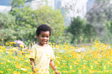 African 3 years old boy smiling and standing among yellow flowers garden blossoming on sunny day....