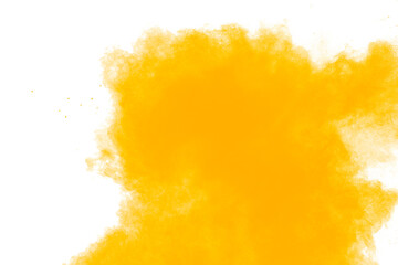 Abstract yellow powder explosion black on  background. Yellow dust particle splashing.
