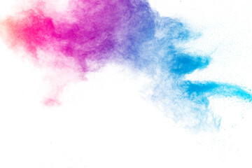 Fototapeta na wymiar Multi colour powder explosion on white background. Launched colourful dust particles splashing.