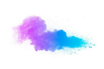 Multi colour powder explosion on white background. Launched colourful dust particles splashing.