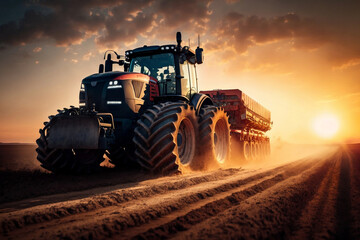 Fototapeta premium Tractor on the barley field, generative ai
