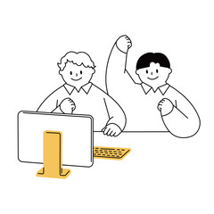 Vector illustration of boys who are happy to see a PC.