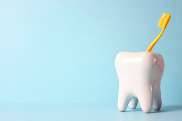 Model of a human tooth and a yellow toothbrush on a blue background. - obrazy, fototapety, plakaty