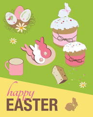 Easter illustration of different Easter bread, eggs in a basket, cup of milk and bunny shaped cookies. Traditionally Easter Paska. Happy Easter banner, poster, greeting card.