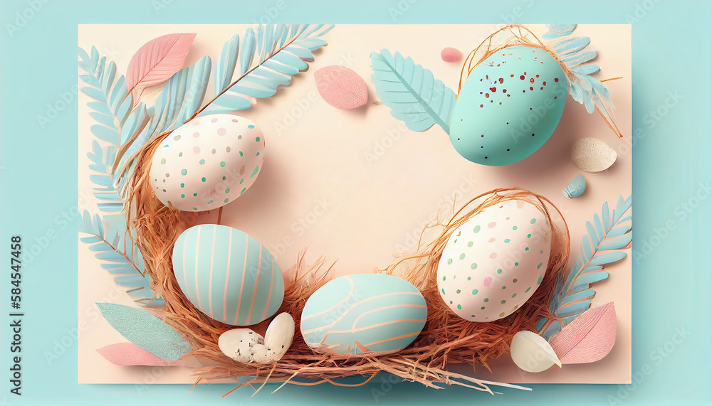 Poster happy easter day concept. top view easter eggs isolated on white background with copy space for text