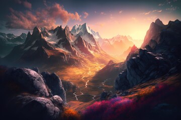 Awe inspiring alpine highlands in the sunshine. Image from a fairy tale Over the majestic Rock Mountains, a colorful sky in a sunlit landscape can be seen. in an an an an an an a Stunning Natural Sett