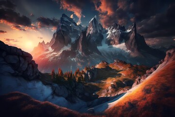 Fototapeta na wymiar Awe inspiring alpine highlands in the sunshine. Image from a fairy tale Over the majestic Rock Mountains, a colorful sky in a sunlit landscape can be seen. in an an an an an an a Stunning Natural Sett