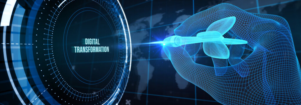 Concept of digitization of business processes and modern technology. Digital transformation.  3d illustration