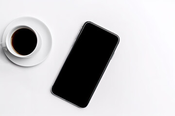 Top view. Smartphone screen mockup for graphic editing. Cup of coffee. Accessories on white background.