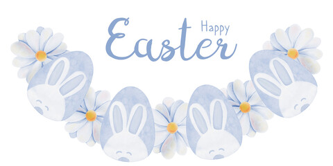 Watercolor Easter border with colored egg and flowers, hand drawn illustration, print design