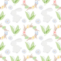 Watercolor Easter seamless pattern with a bunny, colorful wreaths and flowers. Hand drawn illustration on a white background