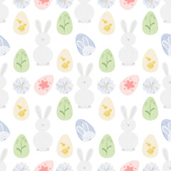 Watercolor seamless Easter pattern on a white background. 
Hand drawn illustration, print design.