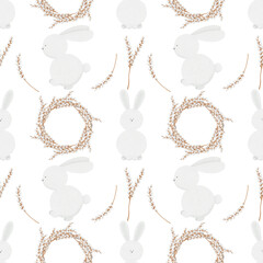 Watercolor seamless pattern with bunnies on a white background. Hand drawn illustration, print design.