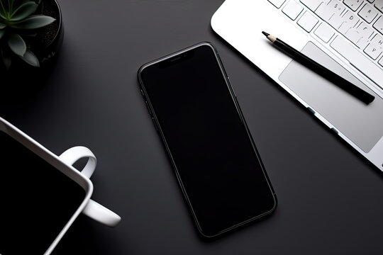 Dark office desk top view with smartphone white screen mockup, office accessories and copy space