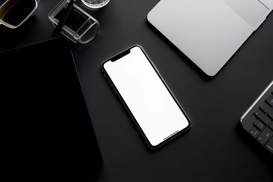 Dark office desk top view with smartphone white screen mockup, office accessories and copy space