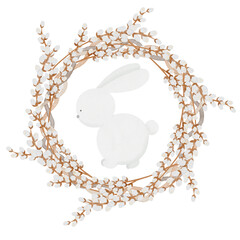 Watercolor willow wreath with cute bunny on a white
background, hand drawn illustration, print design