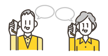 Elderly couple talking on a smartphone [Vector illustration].