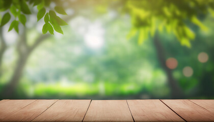 Naklejka na ściany i meble Empty wood table top and blurred view from green tree garden bokeh background