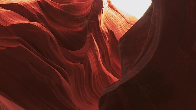 Famous Antelope Canyon In Arizona, USA With Undulating Red Sandstone Walls. low angle, pan right