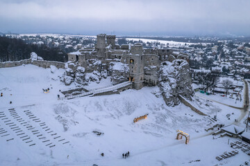 Drone photo of Ogrodzieniec Castle in Polish Jura region, Poland