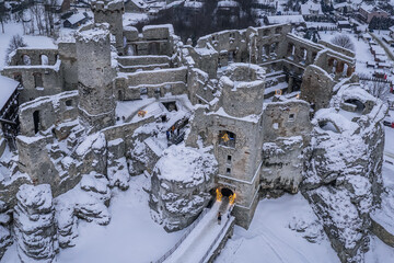 Drone photo of ruins of Ogrodzieniec Castle in Polish Jura region, Poland