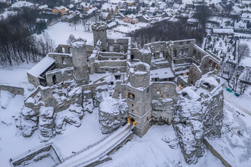 Drone view of Ogrodzieniec Castle in Polish Jura region, Poland