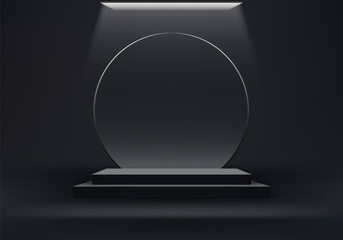 3D realistic empty black podium pedestal box stand with circle transparent glass on minimal wall scene dark background