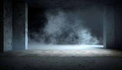 Room with concrete floor and blue smoke background
