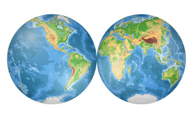Highly detailed physical World Map in globe shape of Earth. Nicolosi globular projection – 3D.