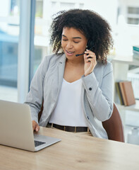 Talking woman, laptop or happy in call center, customer support or CRM consulting on contact us...