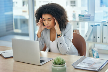 Business woman, laptop or stress headache in financial planning failure, crisis or investment...