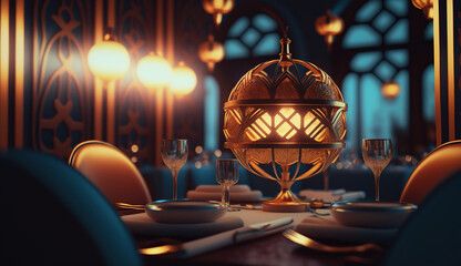 Fototapeta na wymiar interior of restaurant with big lamps in golden light, generative ai