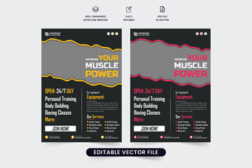 Gym business flyer template with yellow and red colors on dark backgrounds. Fitness gym flyer vector with photo placeholders. Modern gym poster and flyer layout design for marketing.