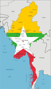 Myanmar highly detailed political map with national flag isolated on white background.