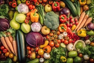 fresh vegetables and fruits on the market, top view, generative ai