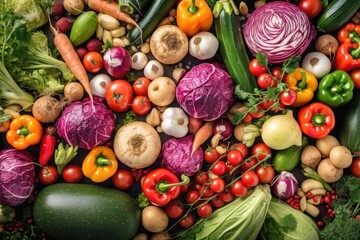 Fototapeta na wymiar fresh vegetables and fruits on the market, top view, generative ai
