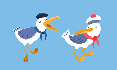 Cute seagulls in form of sailor. Isolated funny characters birds on blue background. Vector illustration for design.