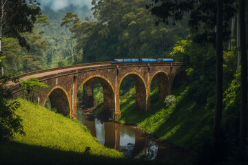 Fototapeta na wymiar A train crosses a bridge in a jungle sri lanka
