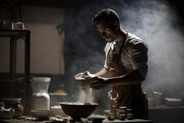 Fototapeta na wymiar Baker male bearded man makes fresh bread dough at a table in the bakery kitchen., generative ai