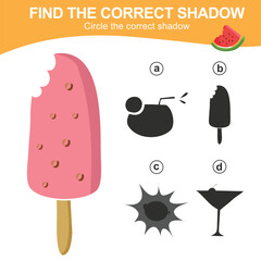 Educational game worksheet for children finding the correct shadow silhouette of kawaii cartoon summer items. Printable worksheet with vector illustrations format. 