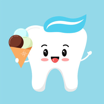 Cute tooth with ice cream balls in a waffle cone. Baby dental character with chocolate mint ice isolated on white background. Flat design vector strong tooth with dessert illustration. 