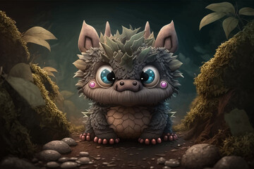 Fantasy cute monster is sitting  in the forest. Fantasy world. Cute cartoon character. Mythological. 3d vector illustration. Image. Digital painting