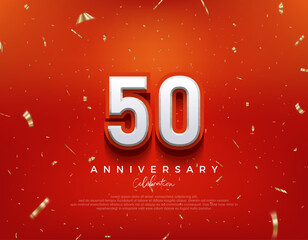 50th Anniversary. with white 3d numbers on fancy red background. Premium vector background for greeting and celebration.